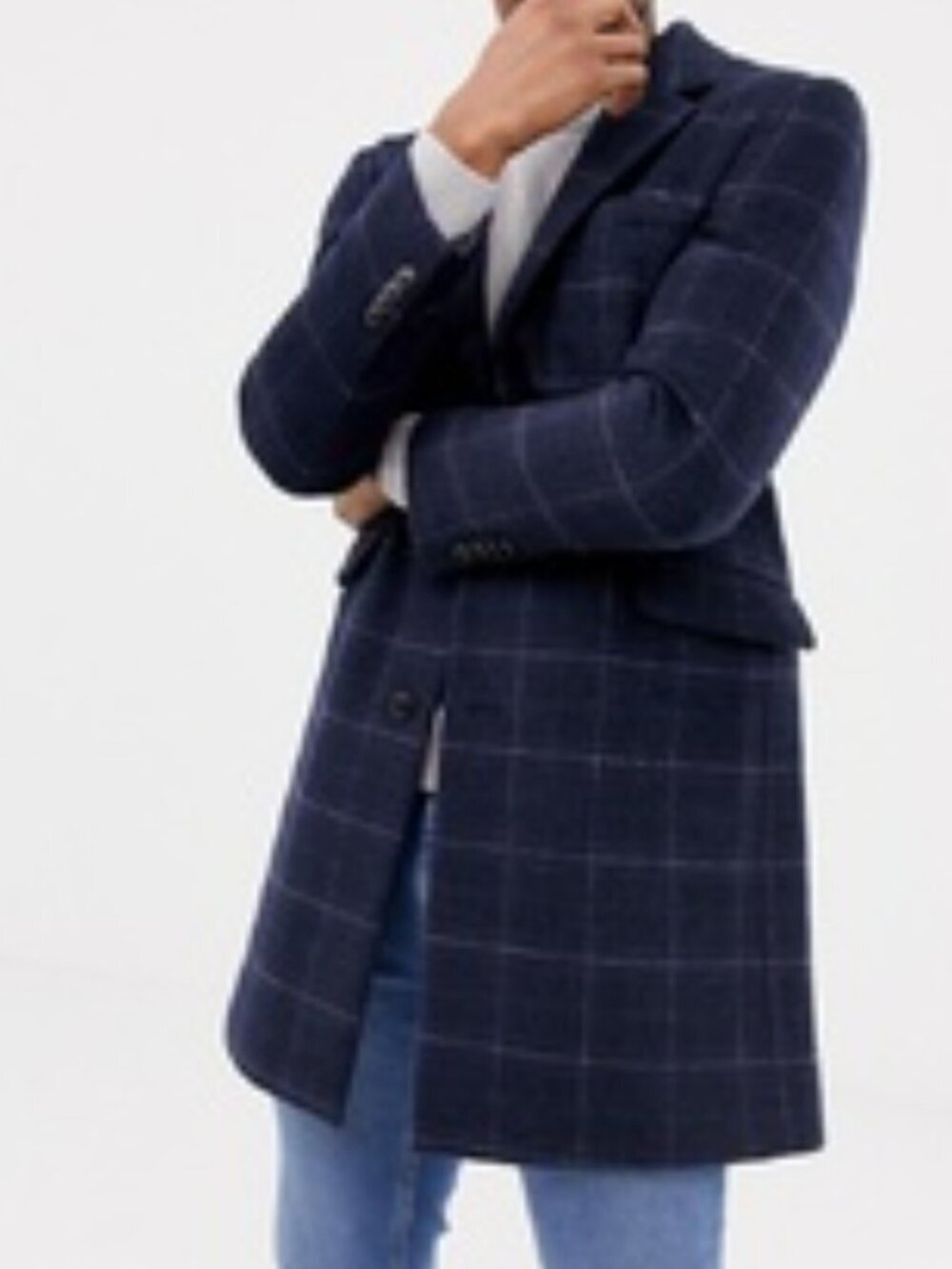 Club Monaco Mantico Wool Blend Overcoat Mens 42 Navy Windowpane Long Coat Jacket